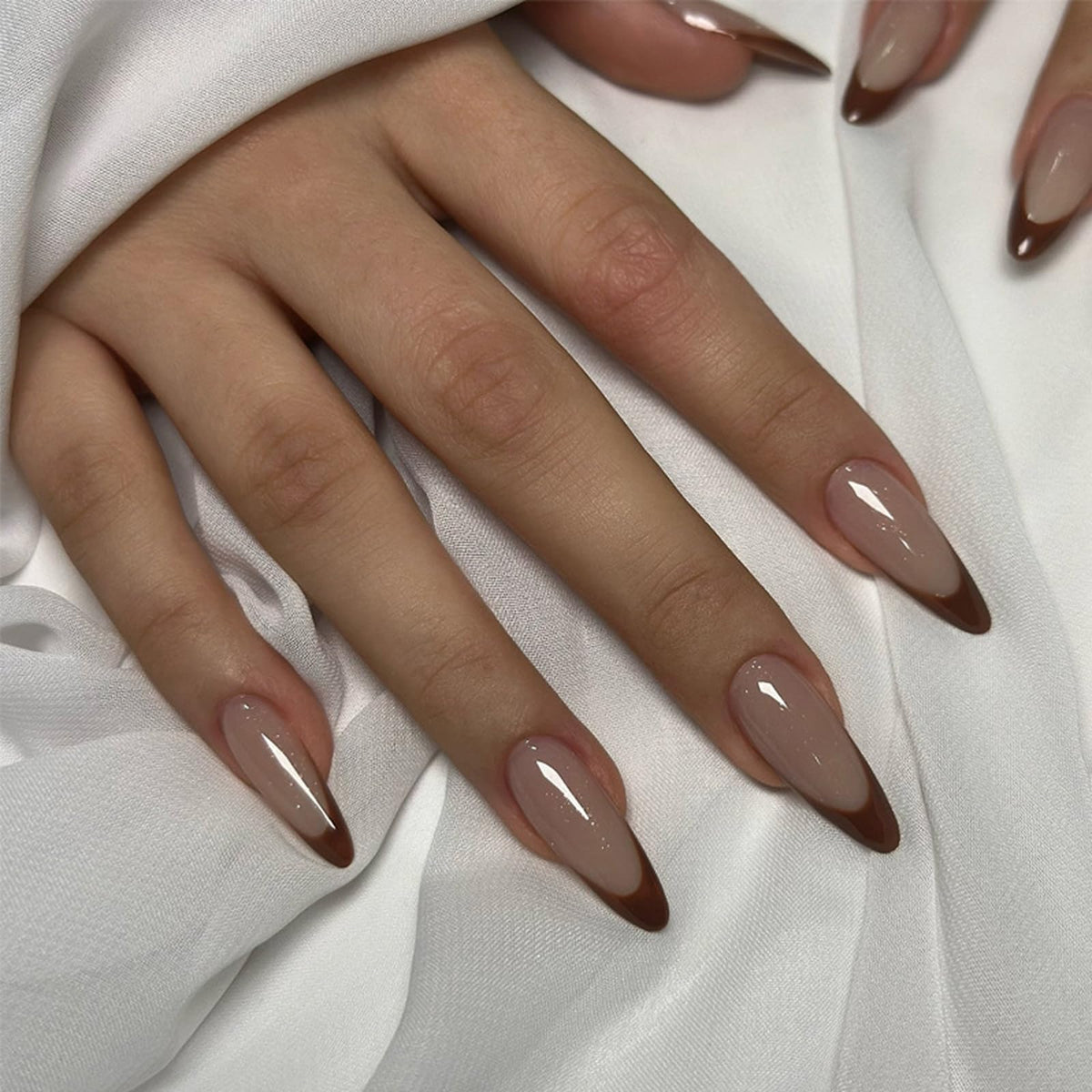 IMRAIN Press on Nails Brown French Tips Fake Nails Long Stiletto False Nails Glossy Full Cover Acrylic Gel Artificial Stick on Nails for Women 24Pcs
