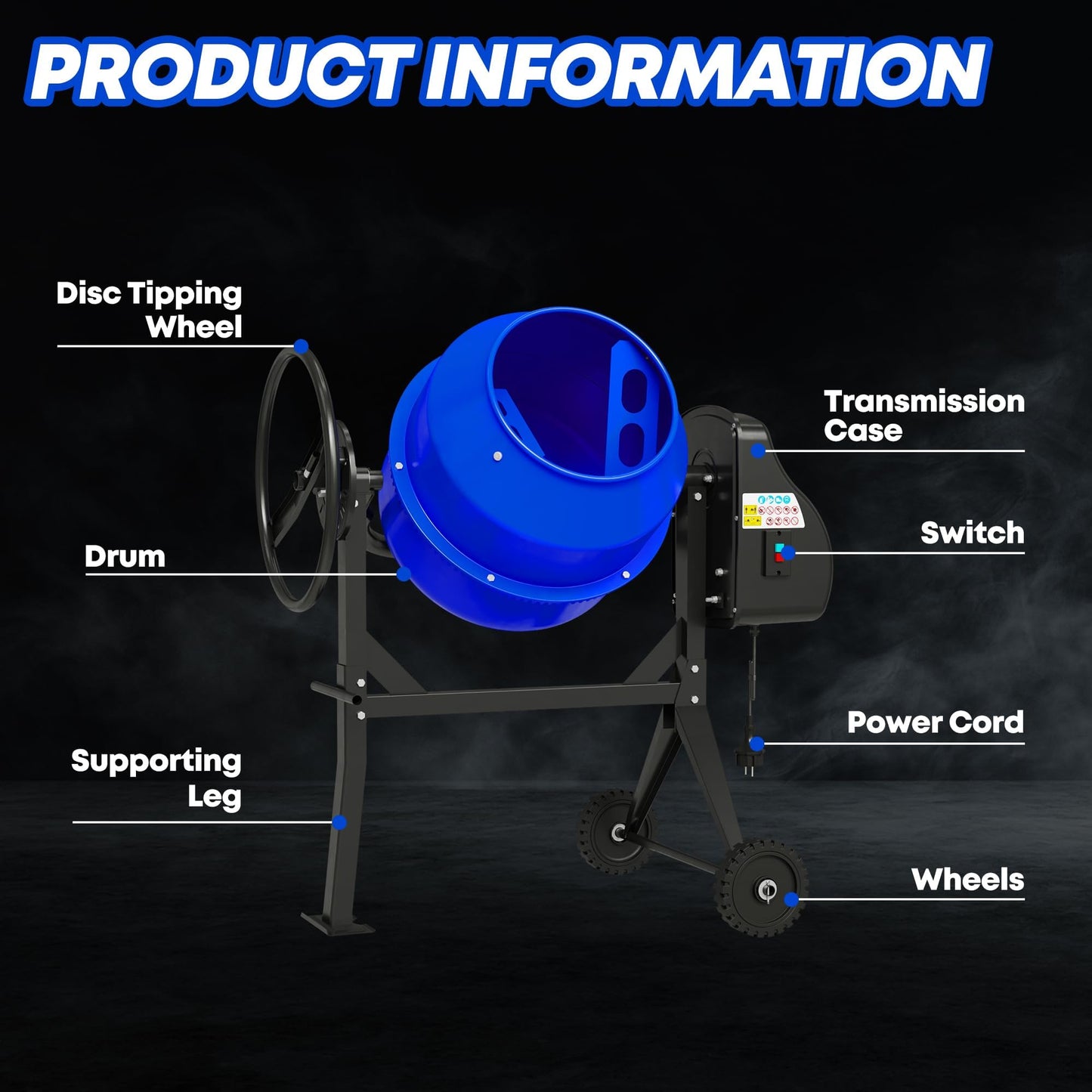SILVEL Concrete Mixer 4.3 Cu.Ft. – 450W (3/5HP) Heavy Duty Portable Concrete Mixer with Wheel & Stand for Mortar, Stucco, Fodder – Industrial Cement Mixing Machine, Upgraded Blue