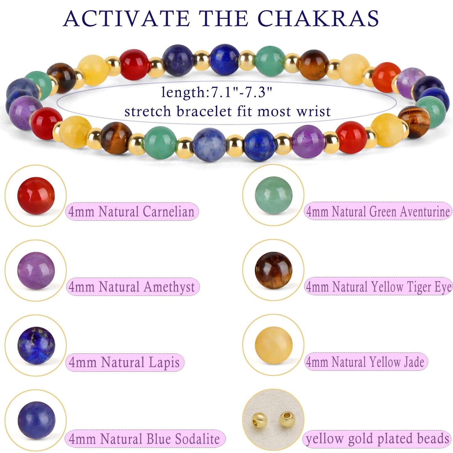 QOGIR 7 Chakra - Activate The Chakras - 14K Gold Plated Beads Natural Gemstone Stretch Elastic Dainty Healing Beaded Bracelets Gifts 4mm