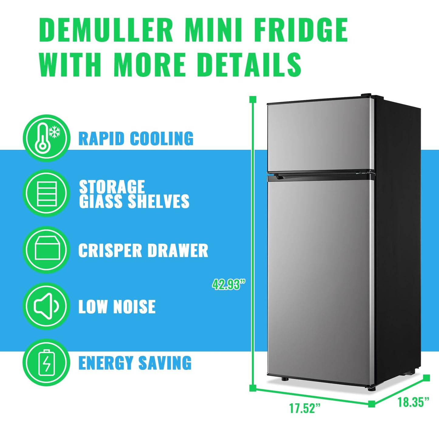 DEMULLER 4.5 CU.FT Refrigerator Silver Two Door Fridge with 7 Temperature Settings Spacous Capacity & Ideal Size for Modern Kitchen 3 Glass Shelves & 2 Wheels for Easy Use
