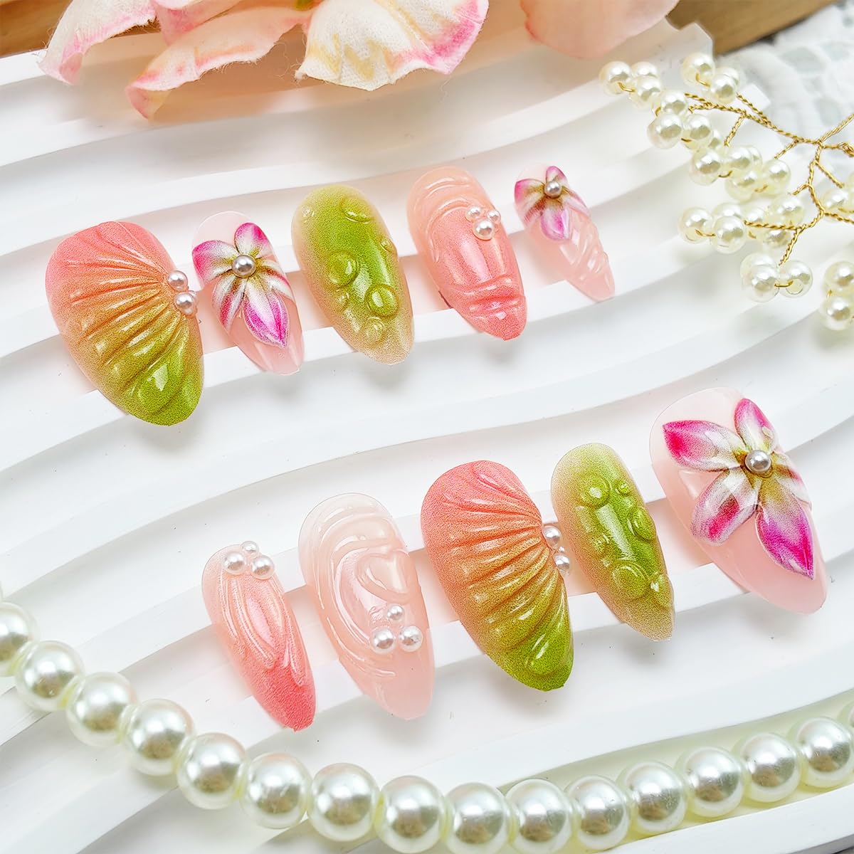 24Pcs Flower Press on Nails Almond Medium Fake Nails Gradient Pink Full Cover False Nails 3D Pearls Flower Glue on Nails Green Spring Summer Stick on Nails Cute Acrylic Nails for Women DIY Manicure
