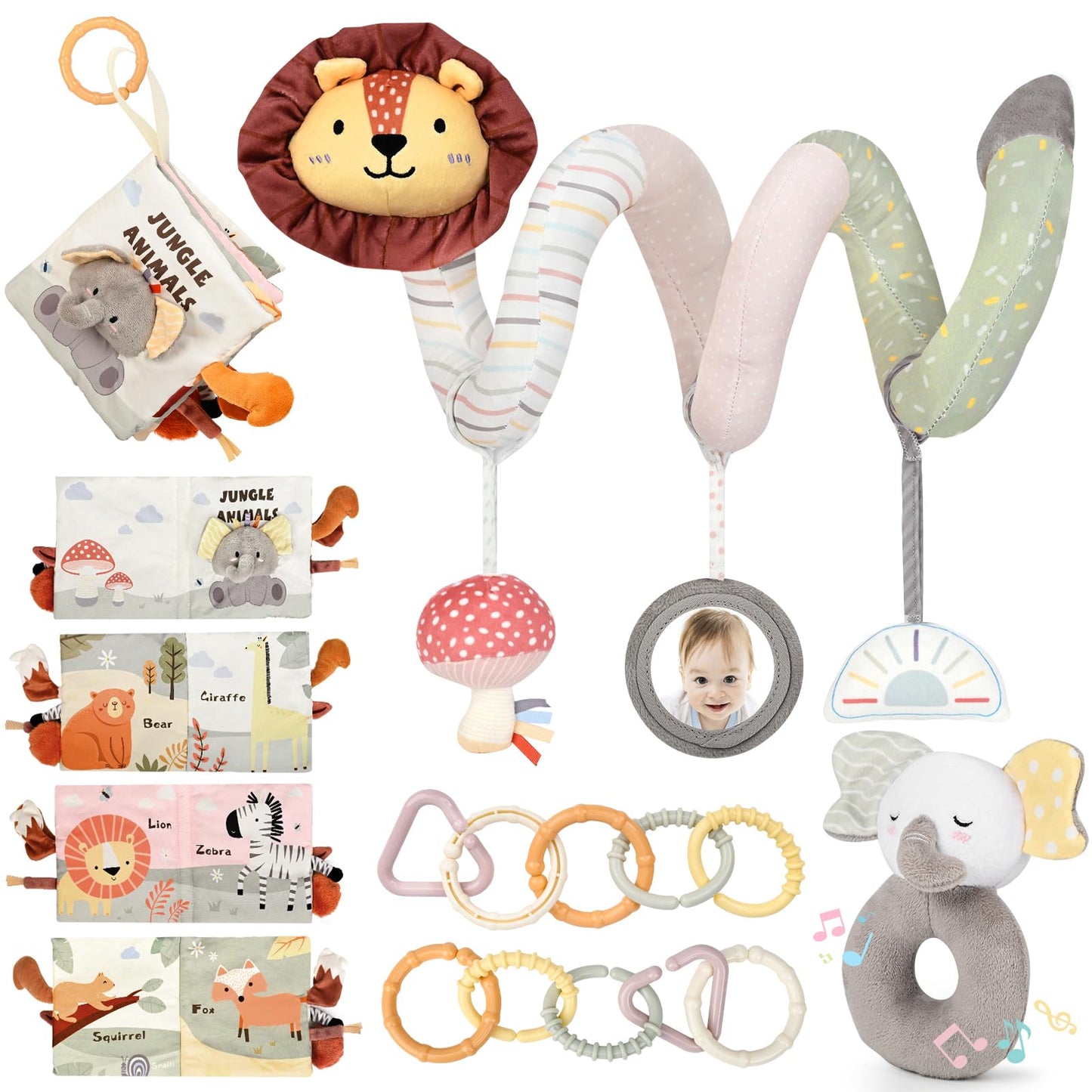 Joyreal Spiral Car Seat Toys with Jungle Soft Book, Plush Rattles and Linking Rings, Stroller & Travel Toy for Newborns and Infants 0-12 Months Girls Boys