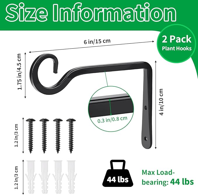 MOWPOG Plant Hangers Outdoor, 2 Pack 6 Inch Hanging Plant Bracket, Metal Hanging Plant Hooks, Wall Hooks for Hanging Plants, Bird Feeder, Flower Basket, Wind Chimes, Indoor Outdoor (Black)