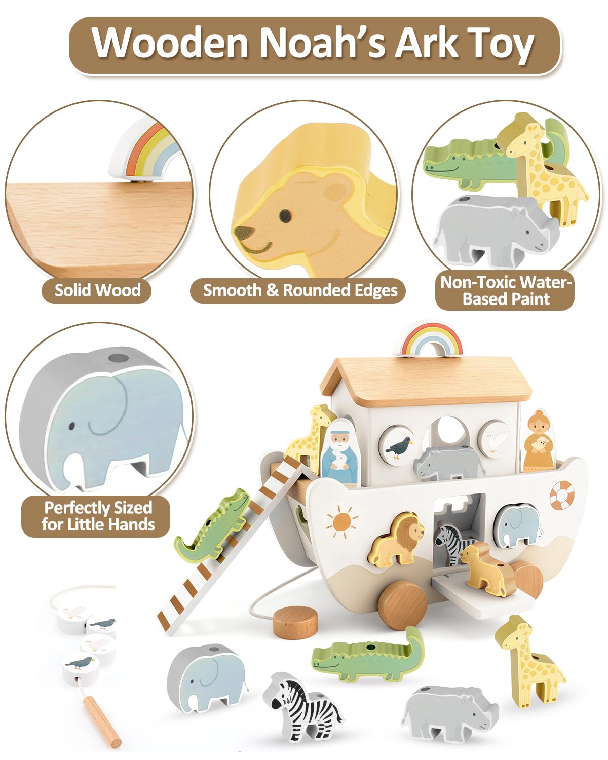 WoodsyJoy Wooden Noah’s Ark Toy for Toddlers 1-3, Baptism Christening Gifts for Boys Girls, Christian Toy Animal Shape Sorter, Baby Birthday