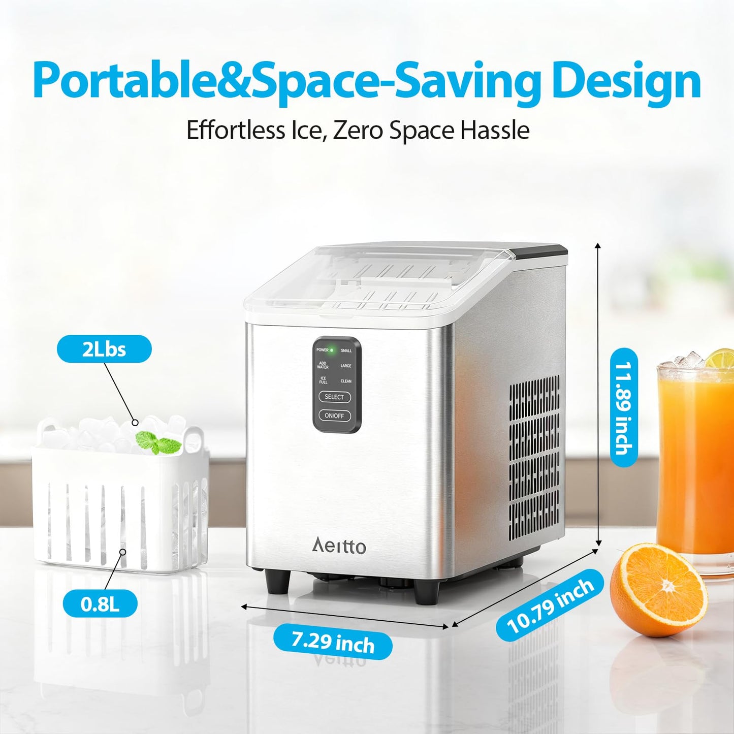 Aeitto Ice Maker Countertop 26lbs/24H, Ice Machine 8 Ice Cubes Ready in 6 Mins, 2 Sizes of Bullet Ice Portable Ice Makers with Basket & Scoop, Auto Self-Cleaning for Home/Kitchen/Office Stainless
