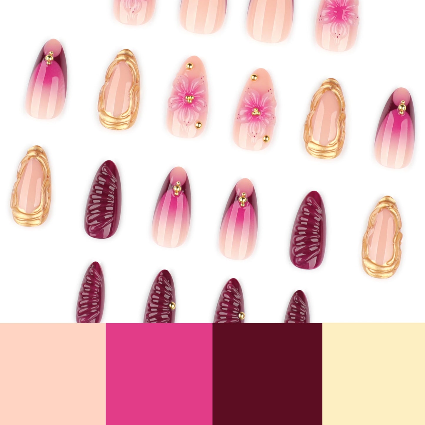 Almond Press on Nails Medium Fake Nails Purple Acrylic Nail Press ons Seeneey Pink Floral and Gold Charm Designs French Stick on Nail for Women 24pcs