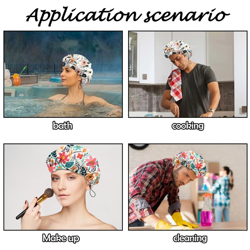 Deokke 2 PCS Shower Cap Reusable Waterproof Adjustable Double Layer Elastic Dry Hair Bathing Caps Aesthetic Cute for Women Girls-Pink Flower
