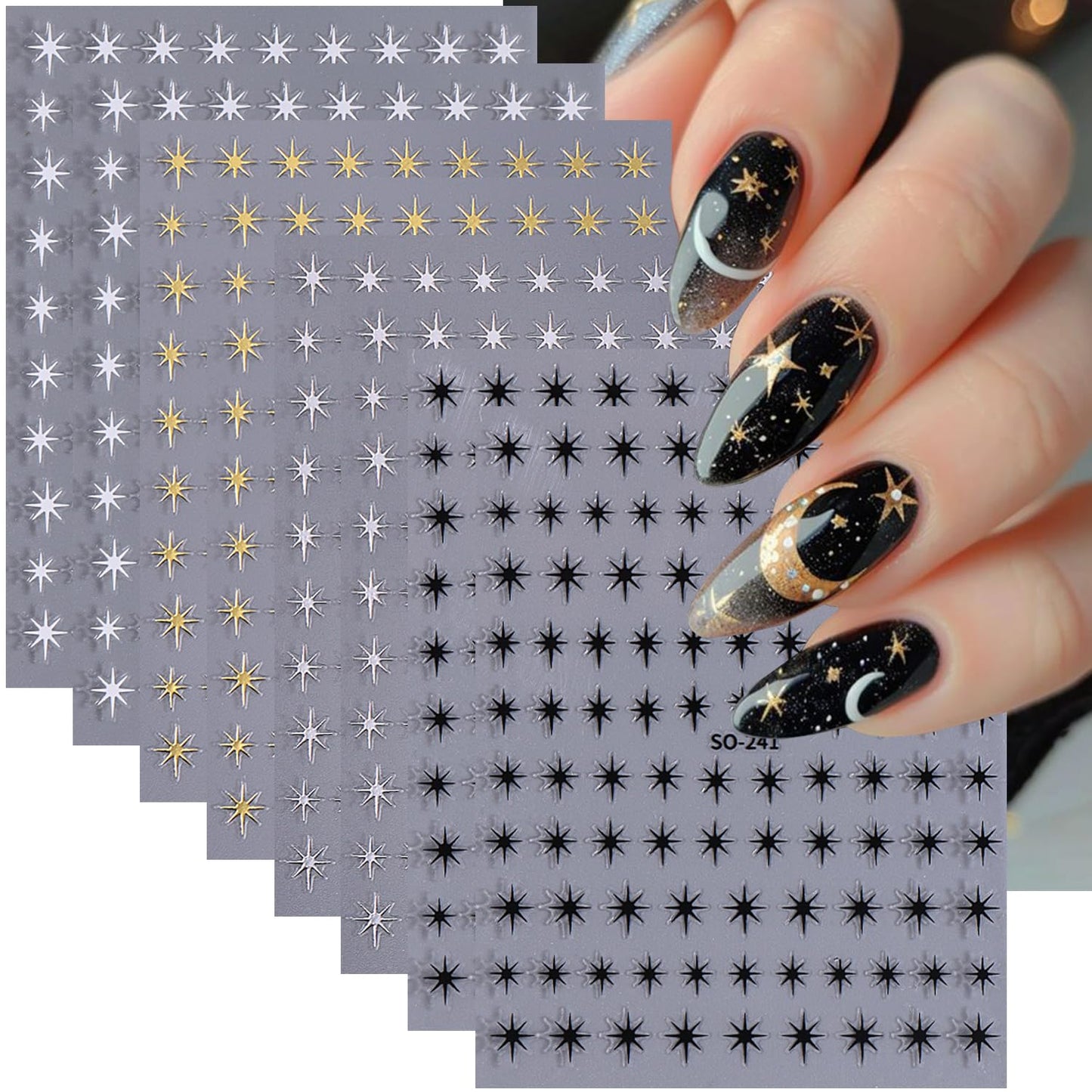 6 Sheets Star Nail Art Stickers Self-Adhesive 3D Star Nail Sticker Shiny Gold Silver White Black Stars Nail Art Design Decals Starlight Star Stickers for Women Girls Manicure Decoration Supplies