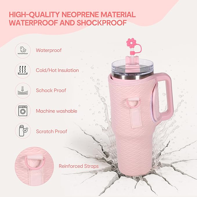 &And Per Se Water Bottle Shoulder Bag for Women, Neoprene Carrier with Phone Pocket & Pink Charm, Adjustable Crossbody Strap Fits Stanley 40oz Tumblers, Gift for Her (Pink)