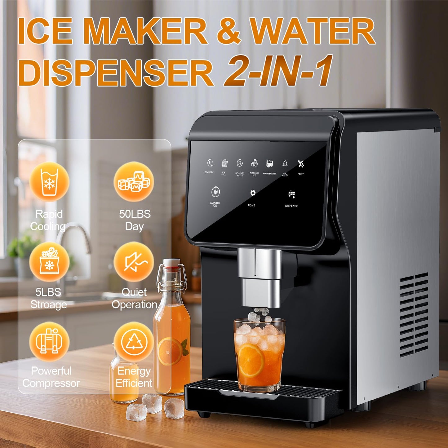 Nugget Ice Maker Countertop, 50LBS/24H, 5LBS Storage, 2-in-1 Ice Maker & Water Dispenser, Soft Chewable Pellet Ice, Stainless Steel, Self-Cleaning for Home Kitchen Office Bar