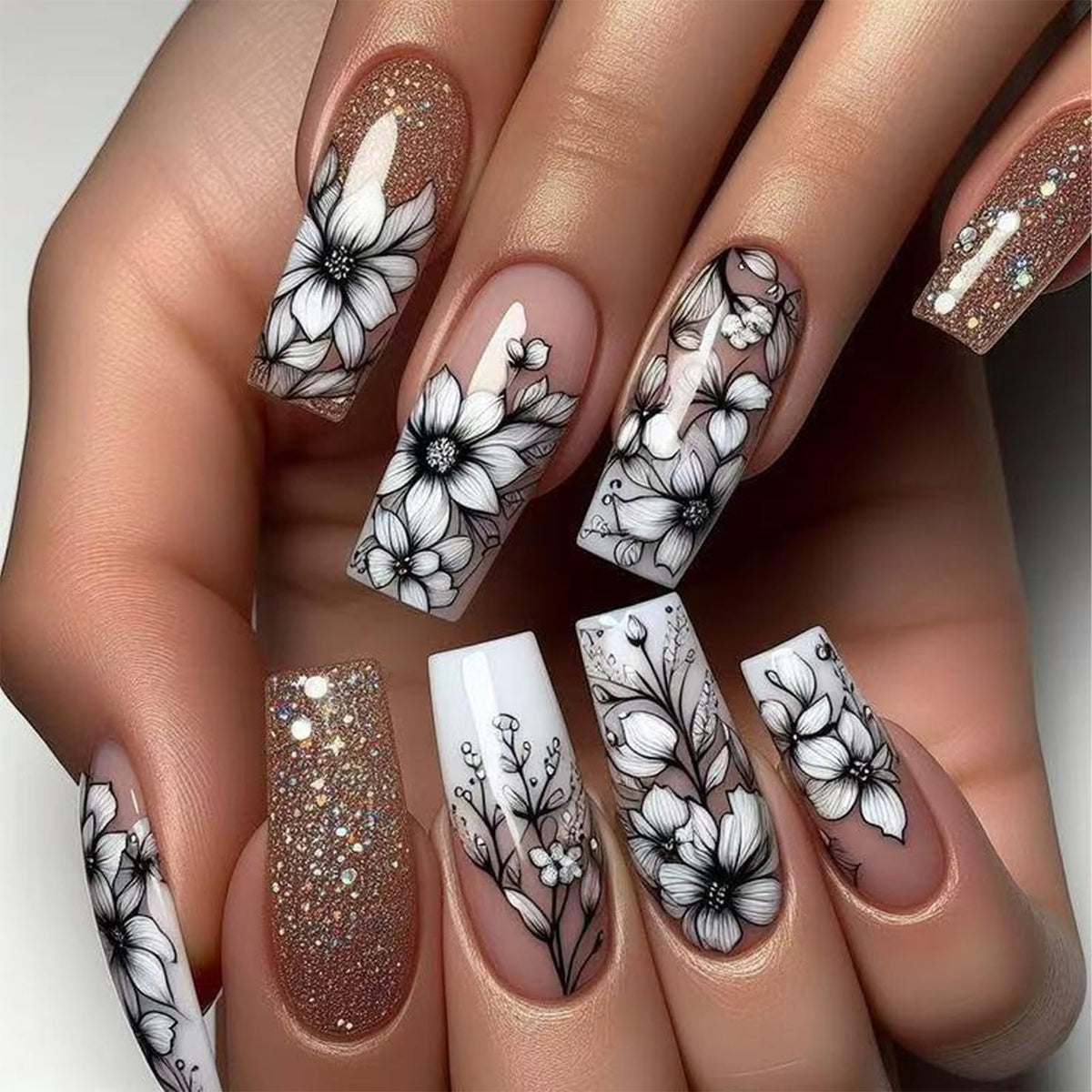 IMRAIN Long Square Press on Nails Glossy Gold Glitter Fake Nails Black Flowers Acrylic False Nails Sparkly Full Cover Glue on Nails for Women DIY Manicure Decor 24Pcs