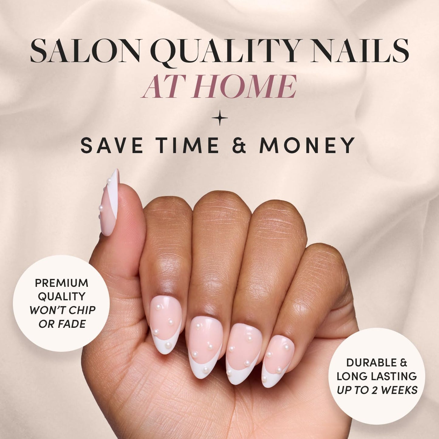 Glamnetic Press-On Nails & Adhesive Nail Tabs - French Pearl | Short Almond French Tip Fake Nails with Pearl Accents | 15 Sizes - 30 Nail Kit with Adhesive Tabs
