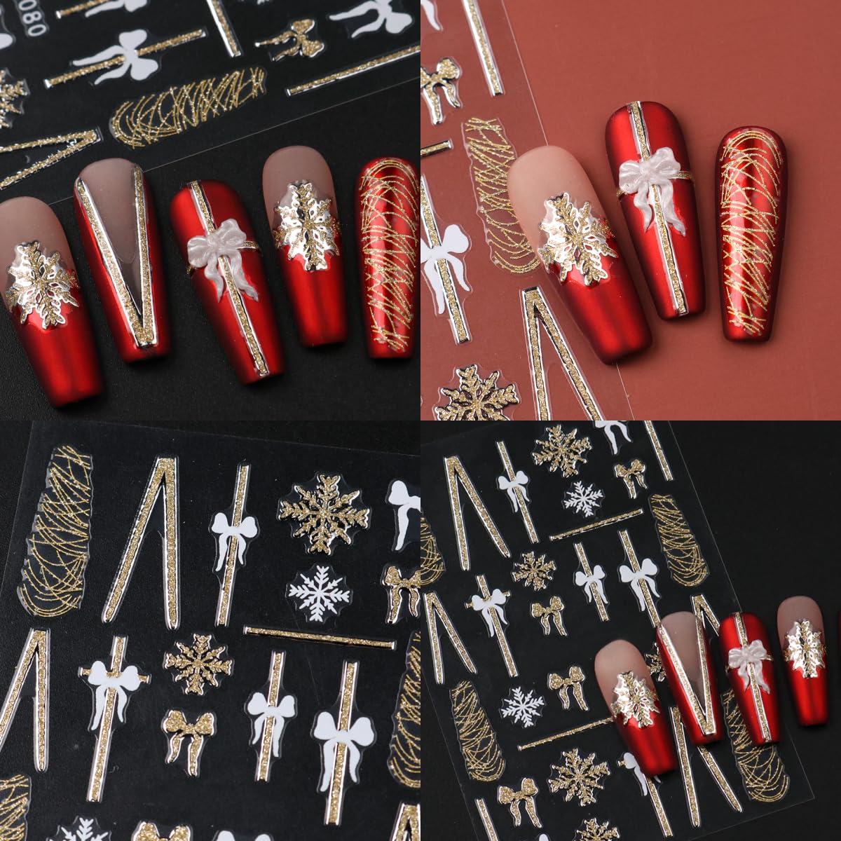 6 Sheets Christmas Snowflake Nail Stickers Bow French Nail Art Stickers Gold Glitter Line Bow 3D Self Adhesive Nail Decals Gold White Snowflake Nail Supplies Nail Decoration for Women DIY Manicure