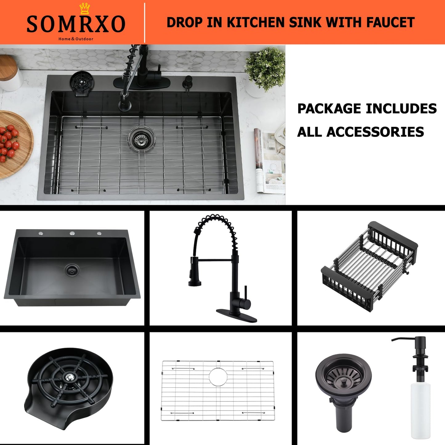 SOMRXO 33x22 Drop In Kitchen Sink and Faucet Combo Set, Black Stainless Steel Kitchen Sink with Cup Washer,9 Inch Deep Single Bowl with Accessories, Heavy-Duty & Easy-Clean Design