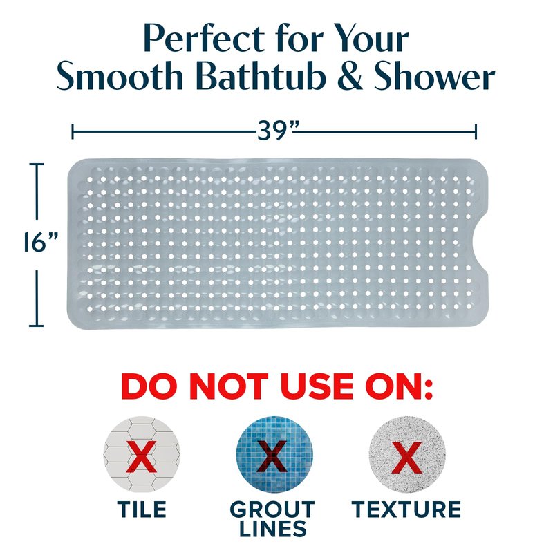 SlipX Solutions Power Grip Bathtub Safety Mat | Precision Grip Technology for Longer, Stronger, & Softer Wet Surface Protection | Solid Gray 39"x16"