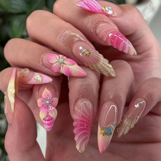 Almond Press on Nails Long Glue on Nail with 5D Rhinestones Flower Design Glossy Waterdrop Shell Acrylic Nails Reusable Ombre French Tips Fake Nails Stiletto Gold Star Nail for Women Manicure 24Pcs