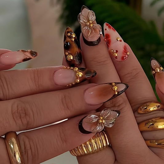 HOSAILY Medium Almond 3D Brown Gold Flower Press on Nails-‎ Tortoiseshell Leopard French Tip Blossom Gradient Design,24Pcs Handmade Fall/Autumn/New Year Glue on Acrylic Fake Nail Press ons for Women