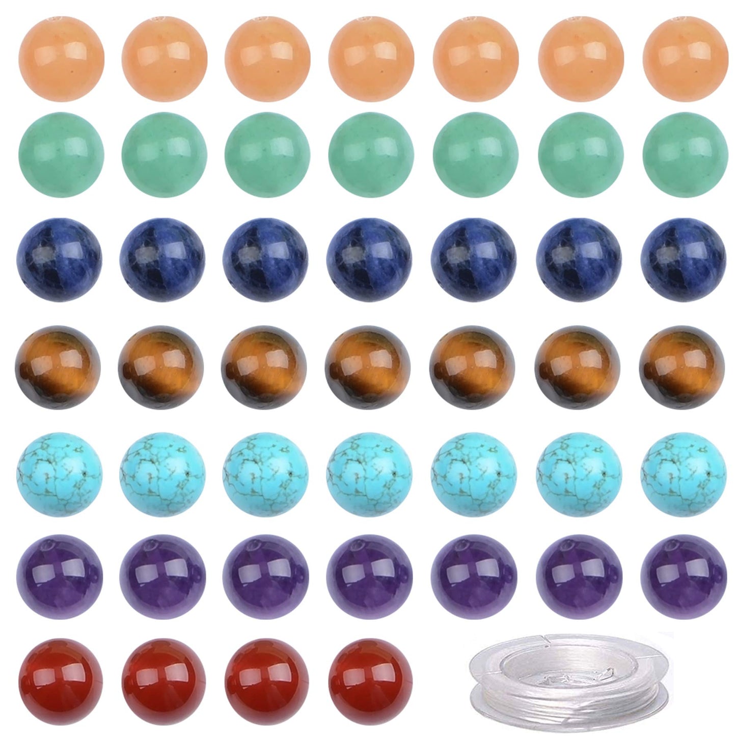 100Pcs Natural Crystal Beads Stone Gemstone Round Loose Energy Healing Beads with Free Crystal Stretch Cord for Jewelry Making (7-Chakra Beads, 8MM)