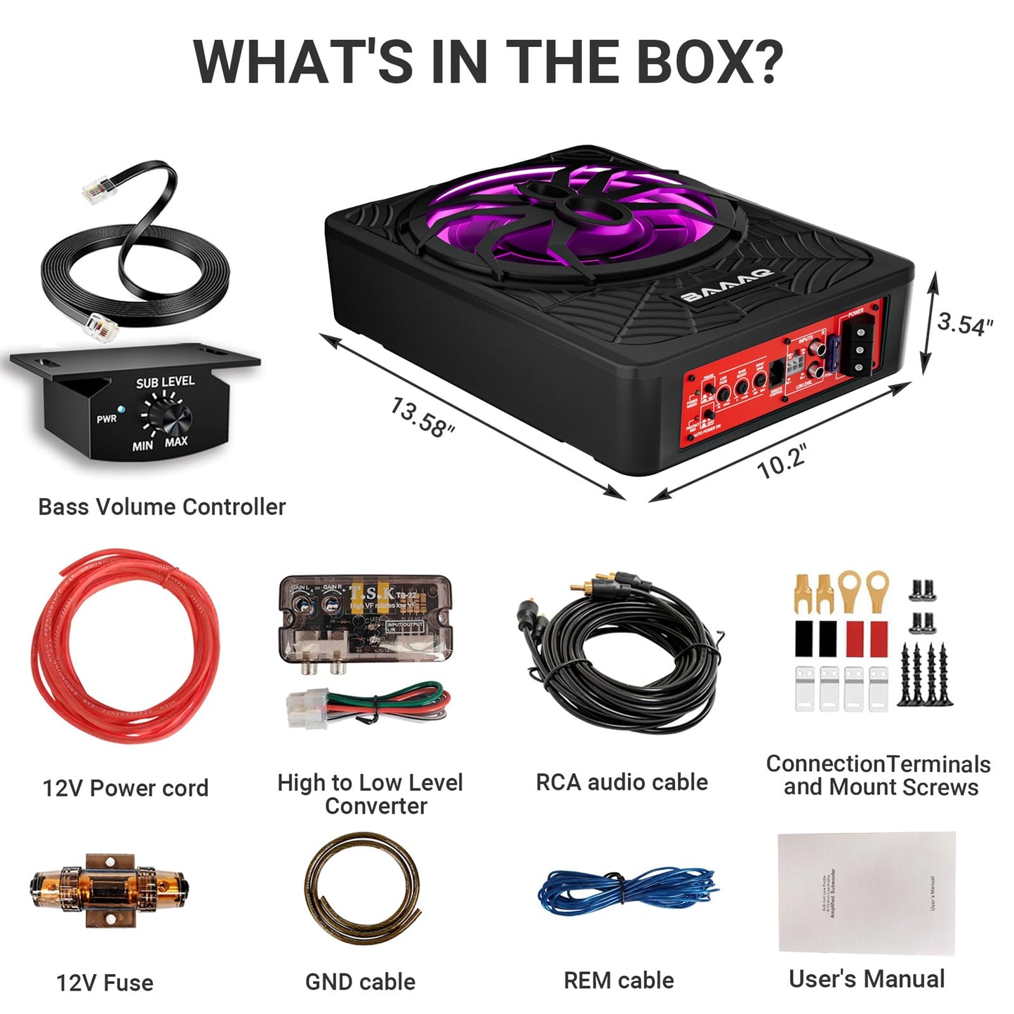 Baaaq Slim Underseat Powered Car Subwoofer, 2026 Upgraded 10 inch 1200W Car/Truck Audio Subwoofer with Built-in Amplifier Amp Combo Package, Powerful bass and RGB LED Ambient Light for Car and Truck
