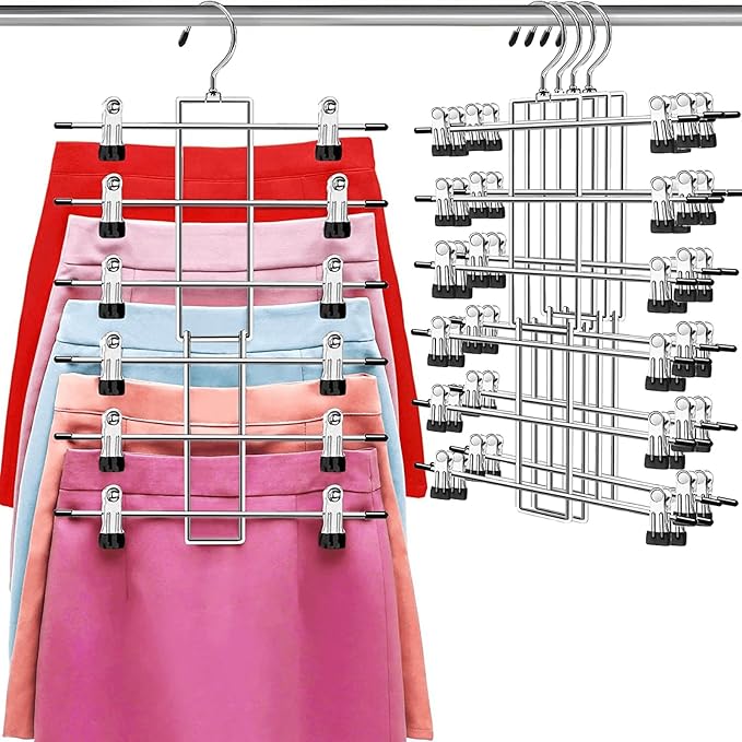 Pants Hangers with Clips,Space Saving Hanging Closet Organizer-6 Tiers Skirt Hangers with 360Â° Swivel Hook,Closet Organizer-Clothes Hangers- College Dorm Essentials Apartment Essentials- 4 Pack