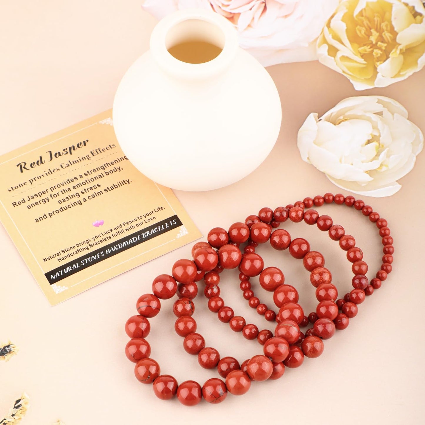 AD Beads 4mm Handmade Red Jasper Elastic Bracelet – Natural Gemstone for Stone provides Calming Effects – Meditation, Yoga, Healing and Energy Gift for Men Women