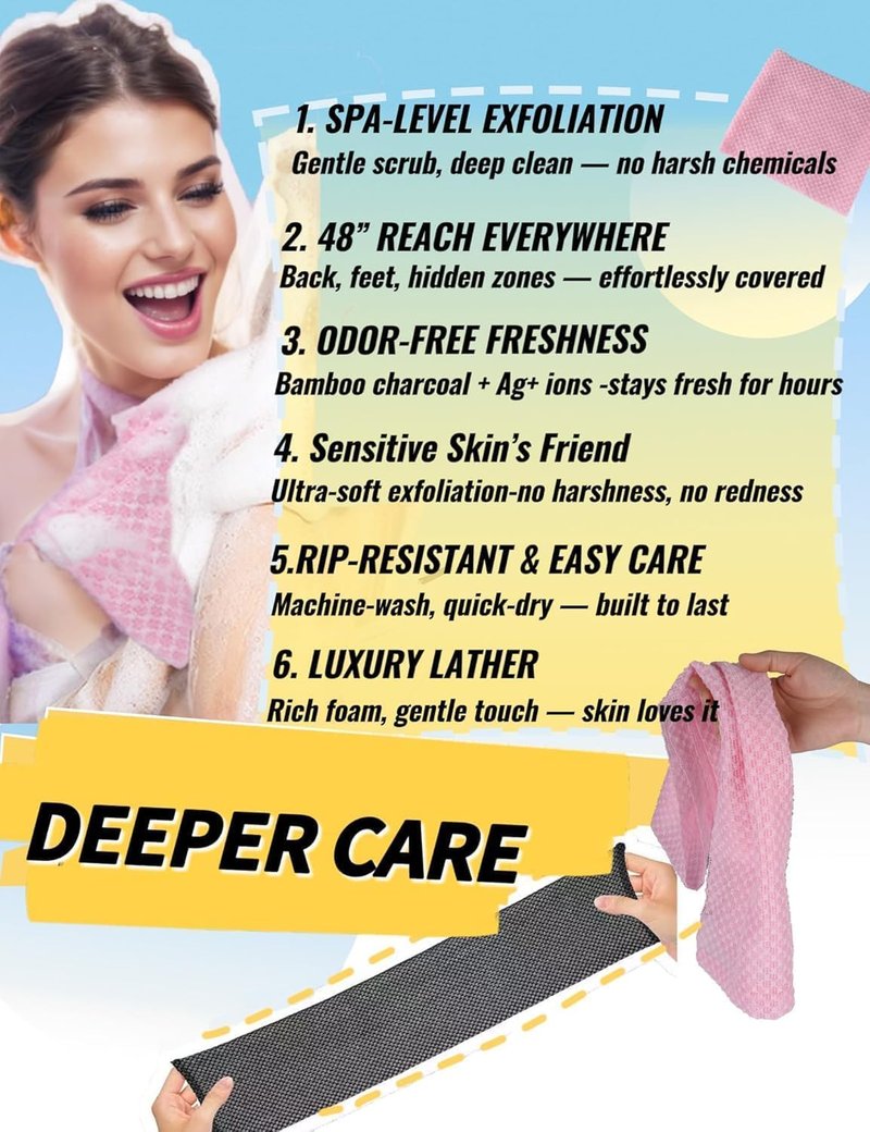 BLISSALRK Exfoliating Shower Towel 48",Premium Scrub Wash Cloth for Body Face, Exfoliating Washcloth for Men and Woman (Blue)