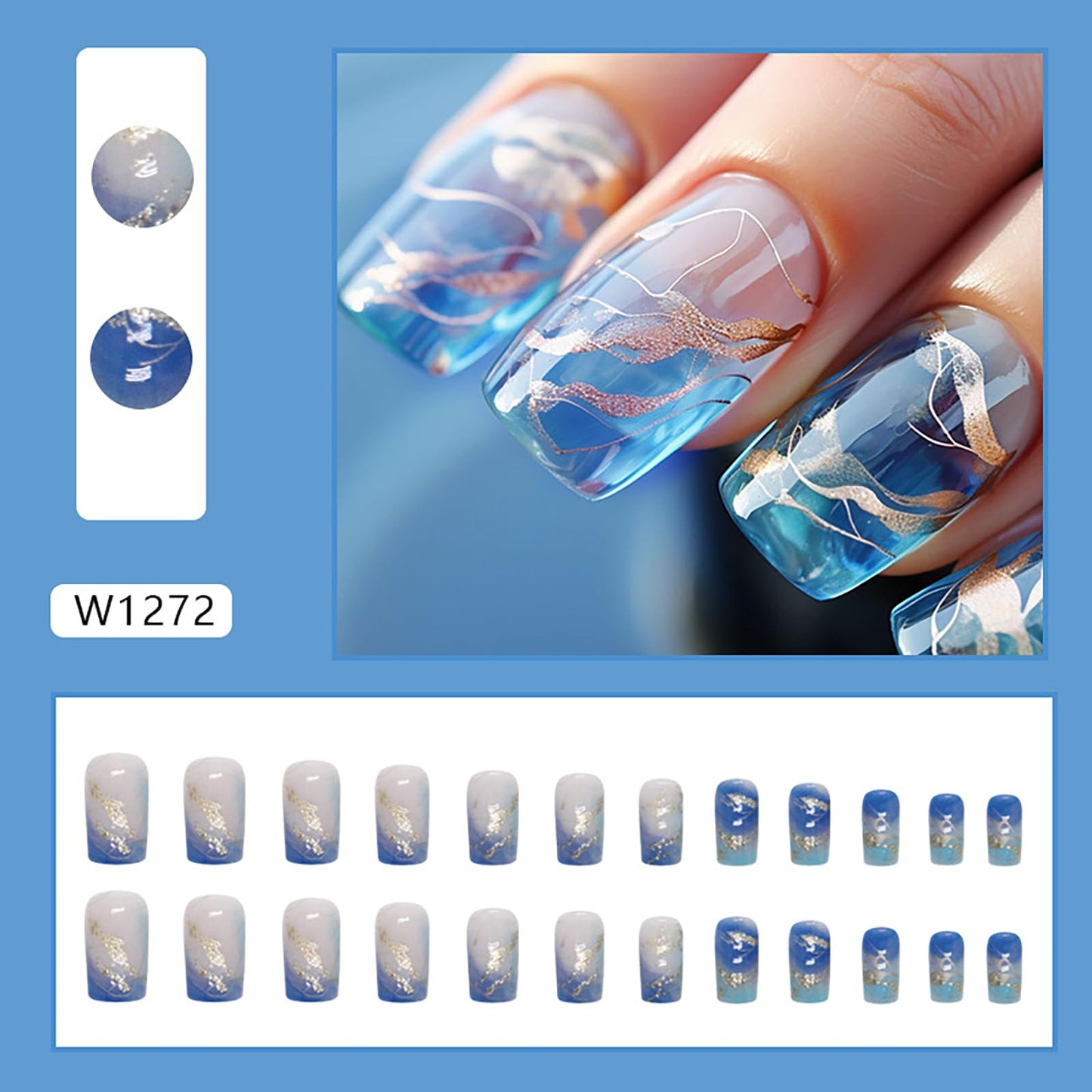 24Pack Medium Press on Nails Nails Square Fake Nails RTKFZE Medium Long Acrylic Nails with Gold Thread Fake Nails Glitter Ombre Nails Gel Nails Full Coverage Nail Stickers for Women Manicure