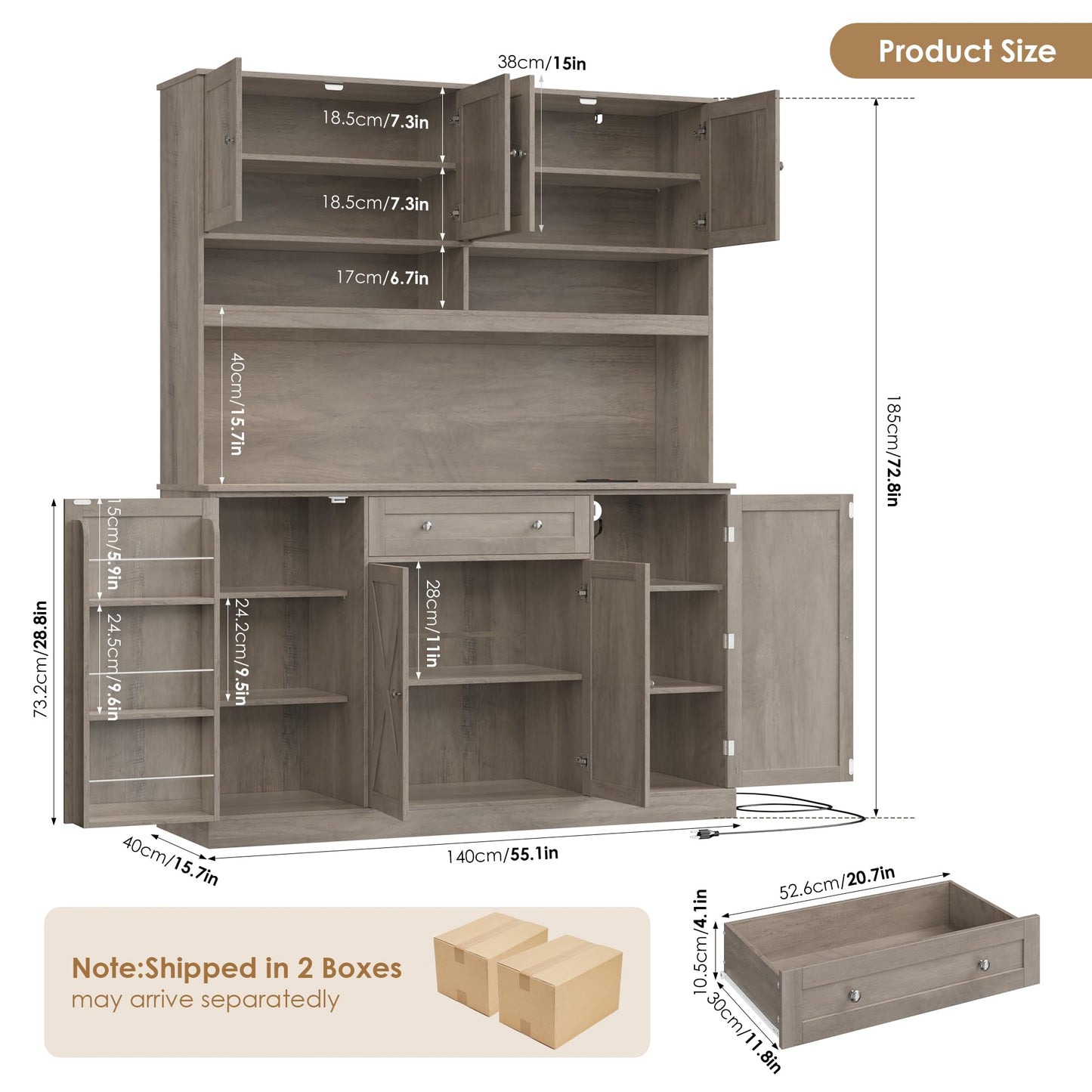 HIFIT 72.8” Tall Kitchen Pantry Cabinet with LED & Charging Station, 55” Wide Farmhouse Pantry Storage Cabinet with Microwave Stand&Shelves&Barn Doors, Kitchen Hutch Coffee Bar for Living Room, Grey