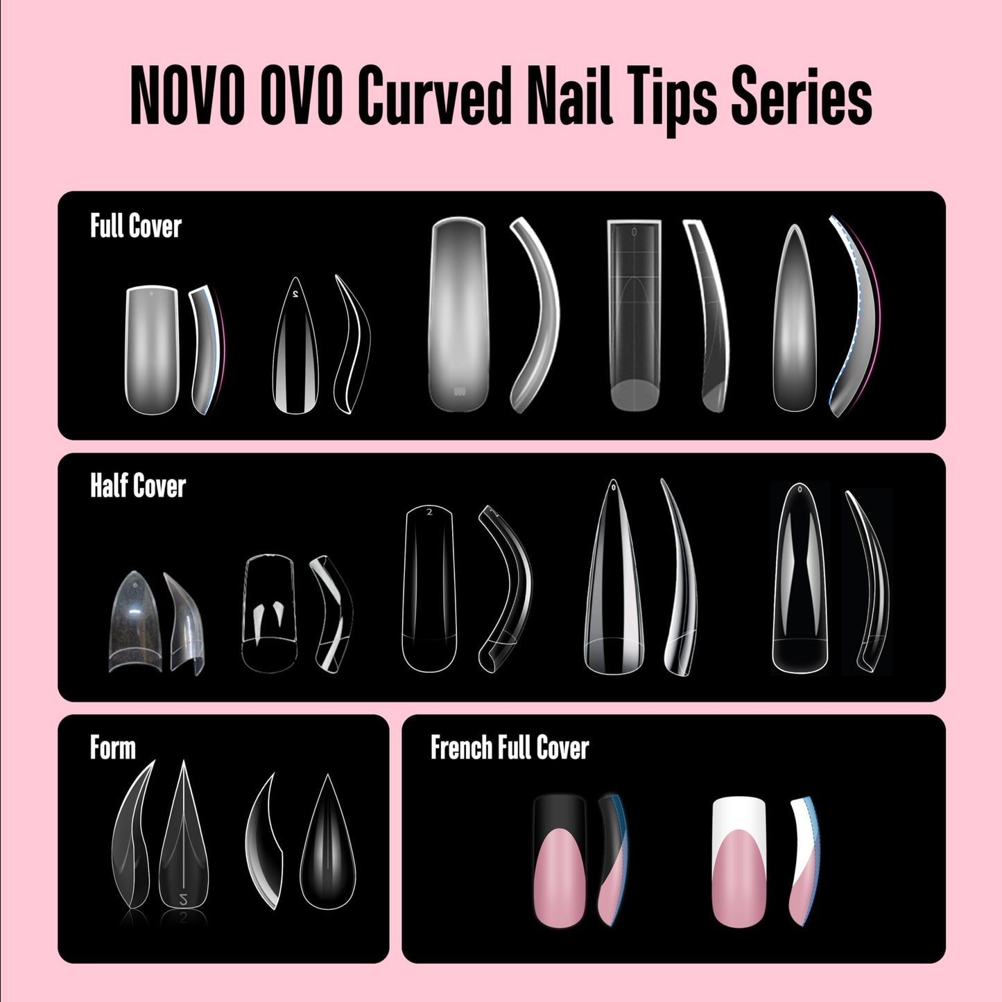 NOVO OVO Halloween Medium Slightly Curved Nail Tips Press on Full Cover, Thick Square Eagle Claw Hawk Curve Gel x Acrylic Fake Nails Extension kit, Clear Pre-etched French False Nail x 15 Sizes 240pcs