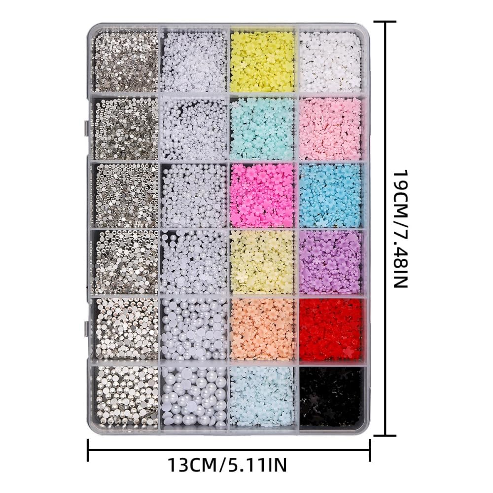 Flower Nail Charms 3D Resin Red Black Floral Nail Gems Cute Pearl Nail Jewels Shiny Tiny Rhinestones Nail Art Supplies for Women DIY Acrylic Nail with Tweezers 12 Grids 1 Box 12 Styles
