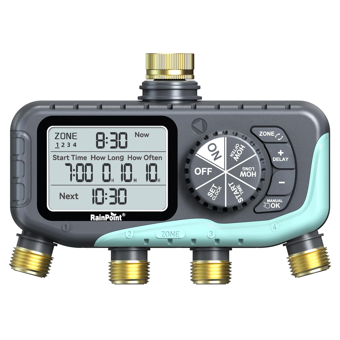 RAINPOINT Sprinkler Timer 4 Zone, Water Timer for Programmable, for Soaker Hose with Rain Delay/Manual/Automatic Watering System, Digital Irrigation for Yard, Lawn