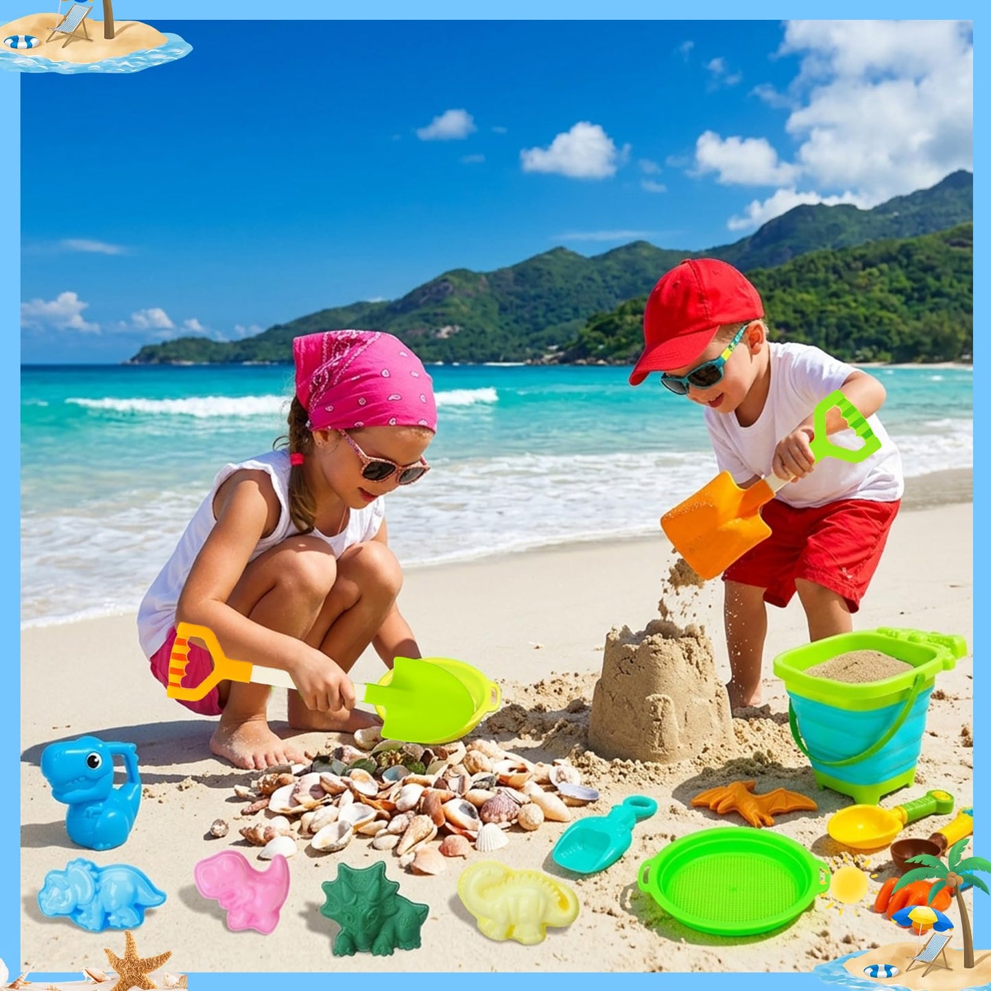 Guiqulai Beach Toys, Dinosaur Sand Toys Include Molds Foldable Bucket Mesh Storage Bag Shovels Dump Truck, Summer Sand Toys for Toddlers Kids