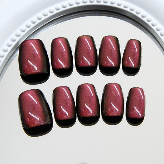 Short Square Cat Eye Press on Nails Sparkly Acrylic Fake Nails Glossy Purple Red Cat Eye False Nails Shine Cat Eye Stick on Nails Cat Eye Gel Glue on Nails for Coquette Women Girls 24Pcs