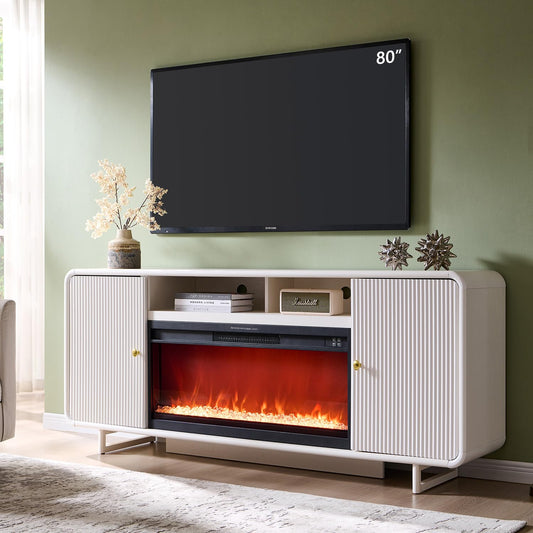 IFGET 70" Fluted Fireplace TV Stand for 80 Inch TV, Modern Entertainment Center w/36'' Electric Fireplace, Wood Media Console w/Curved Profile Design and Adjustable Shelves for Living Room, White