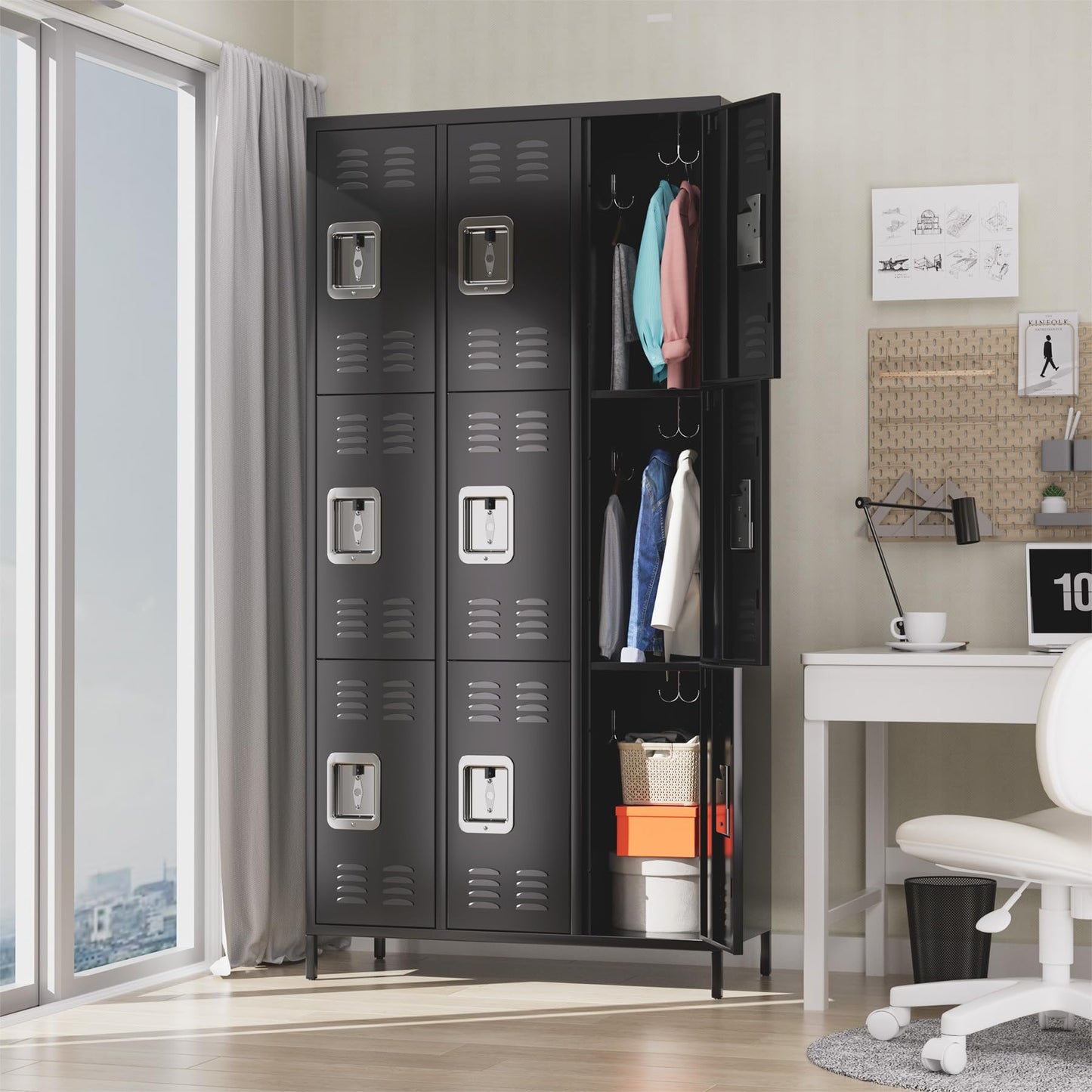 GarveeHome 9 Doors Metal Office Storage Cabinet, Metal Lockers for Employees with 27 Hooks and 9 Shelves, 72 Inch Tall Steel Storage Cabinet Locker for Home, Office, Gym, School, Black