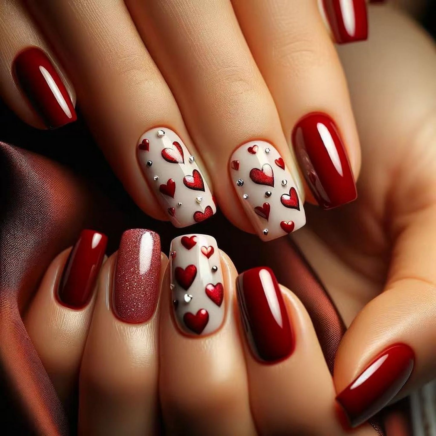 24pcs Heart Press on Nails Short Square Valentines Fake Nails Glitter Full Cover False Nails with Rhinestones Red Heart Designs Acrylic Nails Red Stick on Nails Glossy Artificial Nails for Women