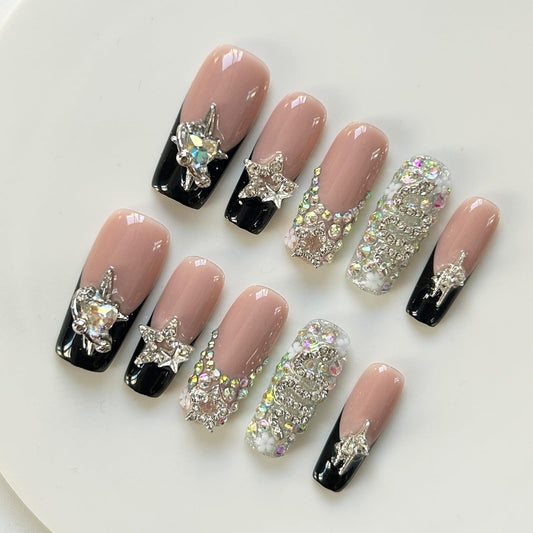 Press On Nails Long Square Handmade Star Rhinestone Black French Tip Nude Pink Full Cover Reusable Acrylic Nails for Women Party Festival Daily 10Pcs (Size M)
