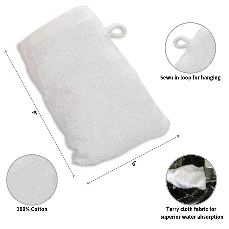 Made Easy Kit Bath Mitts - Pack of 6 - (6" x 9") European Style Washcloth with Loop (White, 6 x 9 inches)