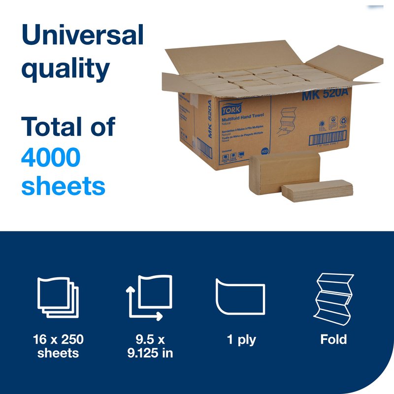 Tork Multifold Hand Towel, Natural, 100% recycled, FSC certified, Compatible with H2 Dispensers, 16 packs x 250 sheets (MK520A)