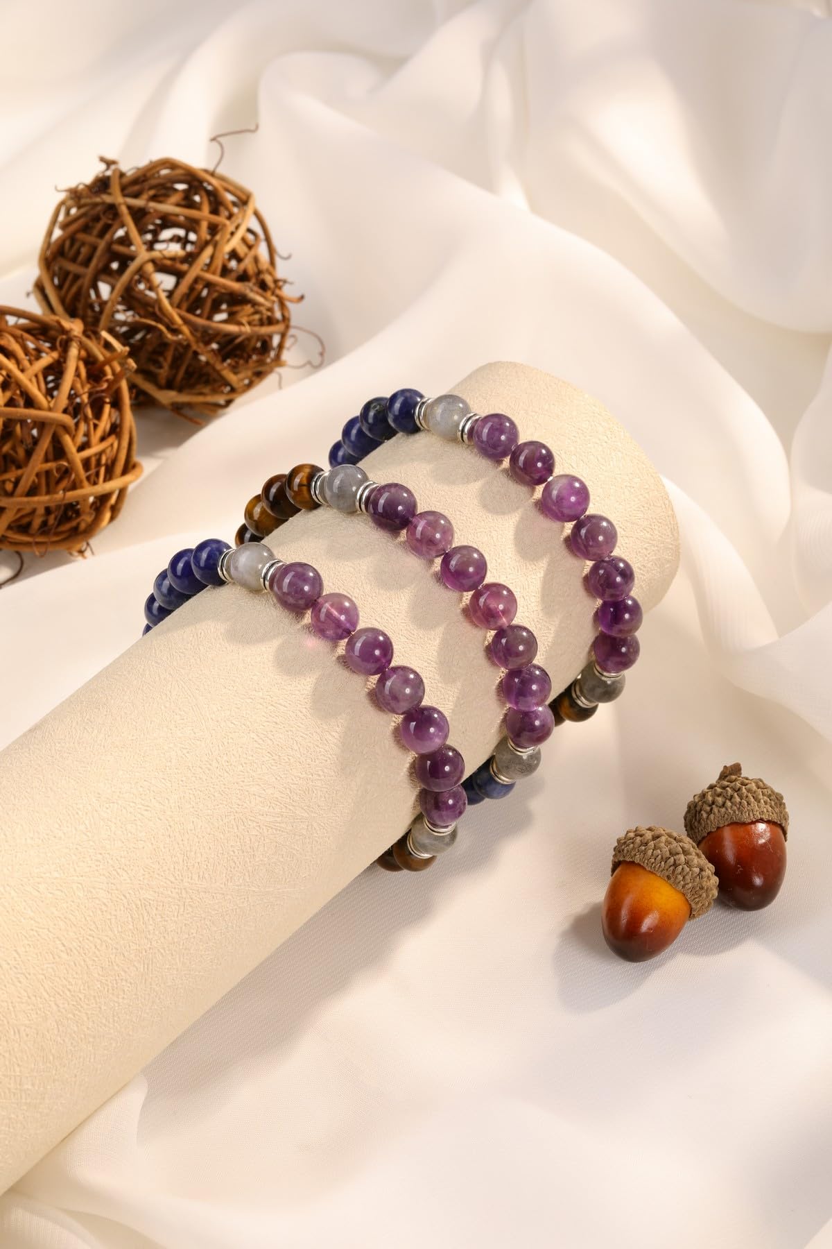 Jovivi Healing Crystal Beaded Bracelet for Women Anxierty Relief Natural Amethyst Sodalite Tiger Eye Yoga Beads Chakra Bracelet Handmade Triple Protection Good Luck Jewelry Gift