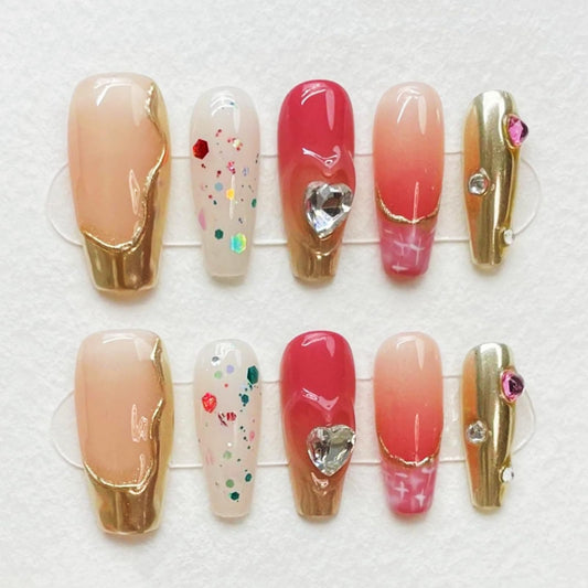 RENBING handmade press on nails short,coffin fake nails with designs,10 pcs high hardness acrylic nails press ons,3d cute false nails for women-Gilded Girl(S)