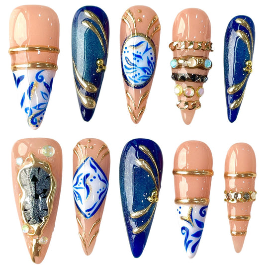 3D Handcrafted Press On Nails, Luxury Fake Nails with Porcelain Pattern, Ring Jewelry Inspired & Unique Clock Face Design, Reusable Acrylic False Nails Navy Blue (L)