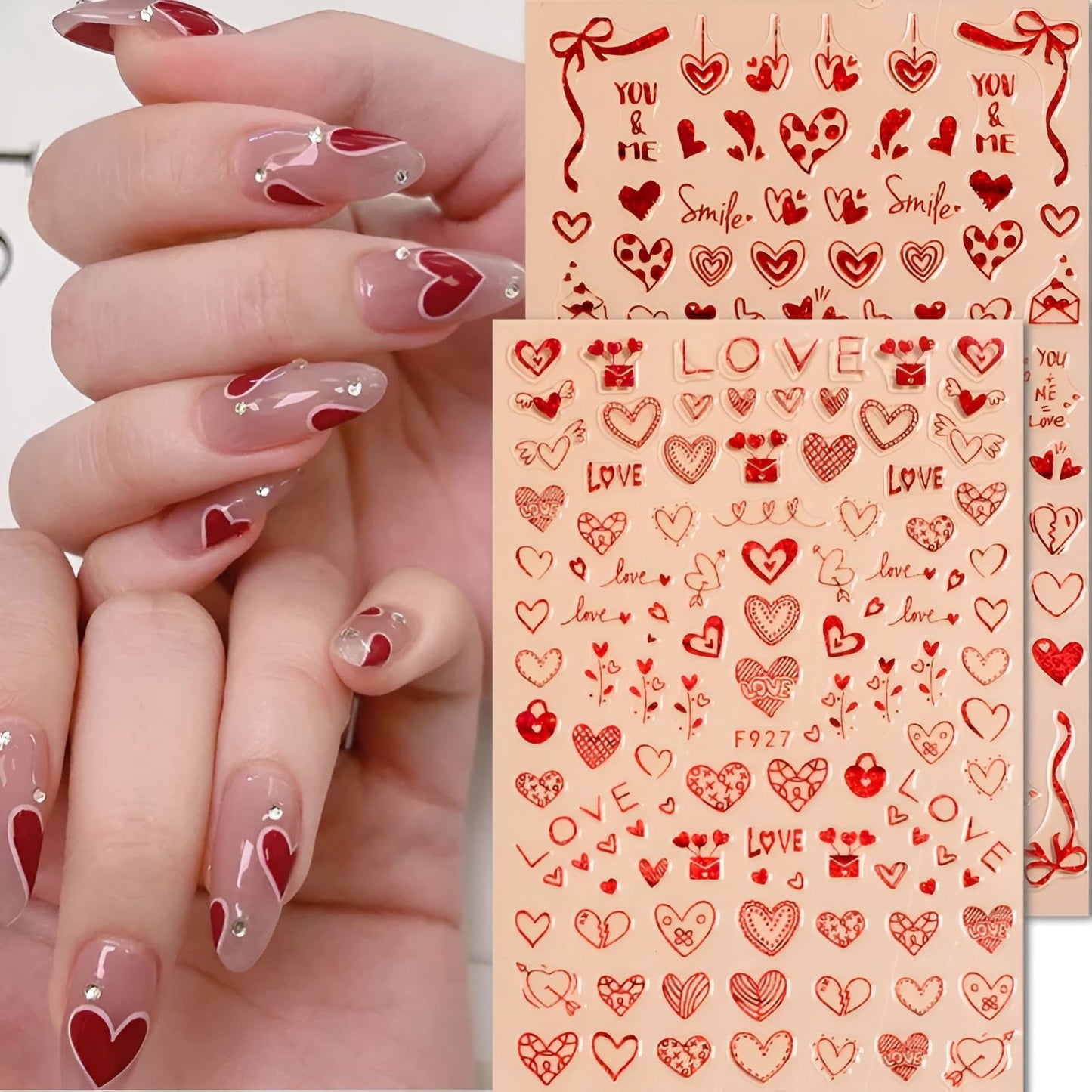 8 Sheets Red Heart Nail Art Stickers Valentine's Day Nail Decals 3D Self-Adhesive Pegatinas Uñas Red Heart Love Nail Supplies Nail Art Design Decoration Accessories for Women