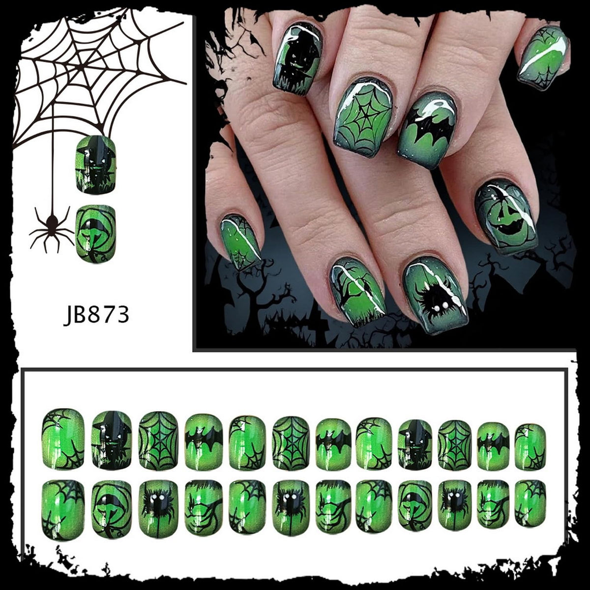 24pcs Halloween Short Press on Nails Horror Fake Nails Ghost Pumpkins Spider Web designs Square Stick on Nails Glossy Full Cover Green Black False Nails for Women Finger Spooky Nail Supplies
