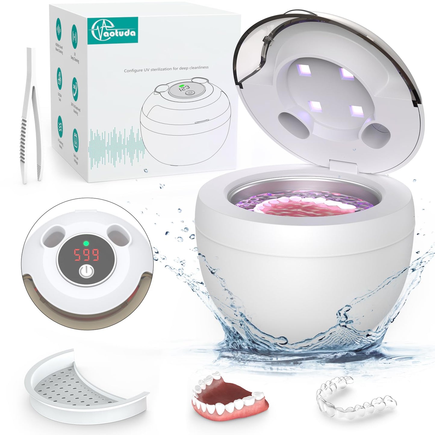 Aotuda 45kHz Retainer Cleaner Machine, 200ML Ultrasonic Dental Cleaning Pod with 4 Modes, Digital Timer, Mouth Guard Cleaner for Denture, Aligner, Braces, Toothbrush, Jewelry and More (White)