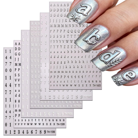 6 Sheets Letters and Numbers Nail Art Stickers 3D Self-Adhesive Black White Silver Letters Nail Decals Holographic Number Nails Stickers Decoration Suitable Women Daily DIY Manicure Supplies Set