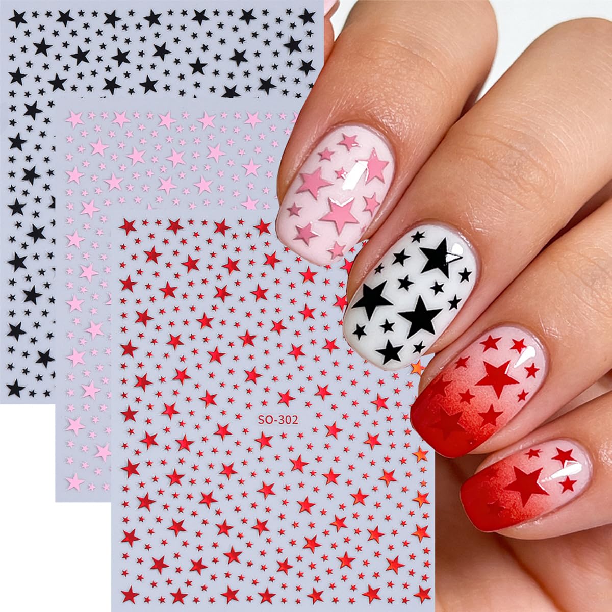 6 Sheets Self Adhesive Star Nail Stickers for Nail Art 3D Mini Glitter Gold Silver White Red Black Stars Nail Decals Starlight Independence Day Nail Art Stickers for Women DIY Star Nail Decorations
