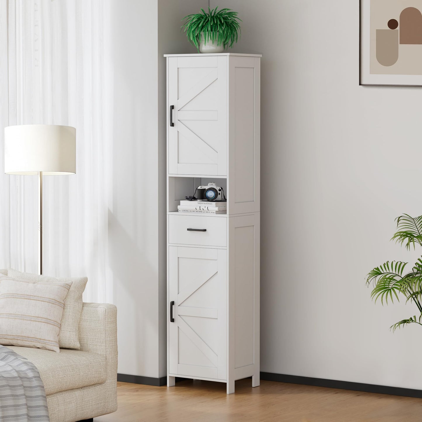 Homhedy 67" H Tall Bathroom Storage Cabinet with 2 Barn Doors and 1 Drawer, Narrow Storage Unit, Adjustable Shelves, Floor Cabinet for Bathroom, Living Room, Entryway, Kitchen, White, (15.7" W)