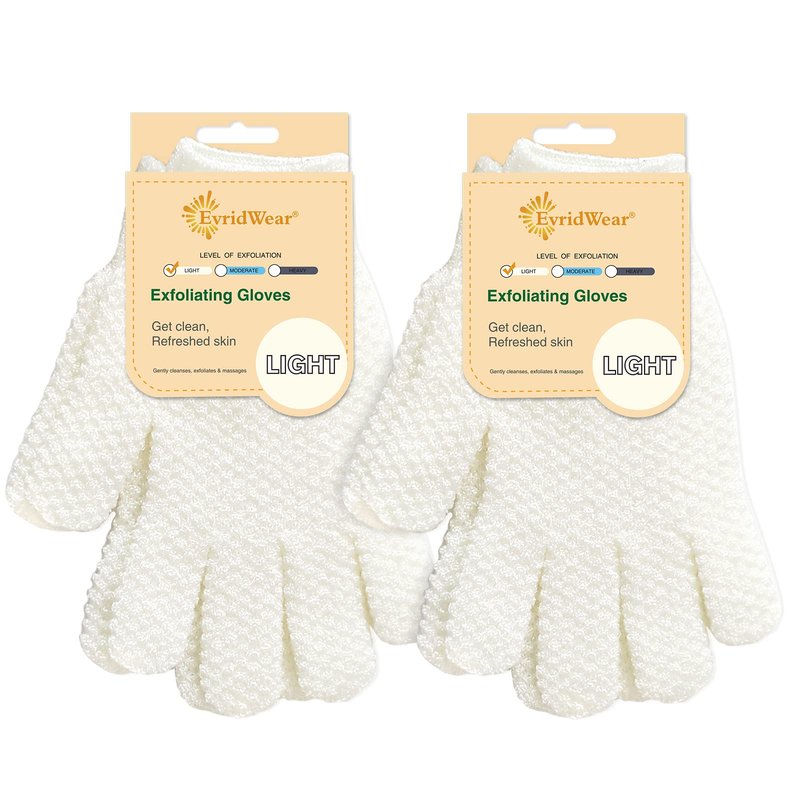 Evridwear Exfoliating Dual Texture Bath Gloves for Shower, Spa, Massage and Body Scrubs, Dead Skin Cell Remover, Gloves with Hanging Loop (2 Pairs Light)