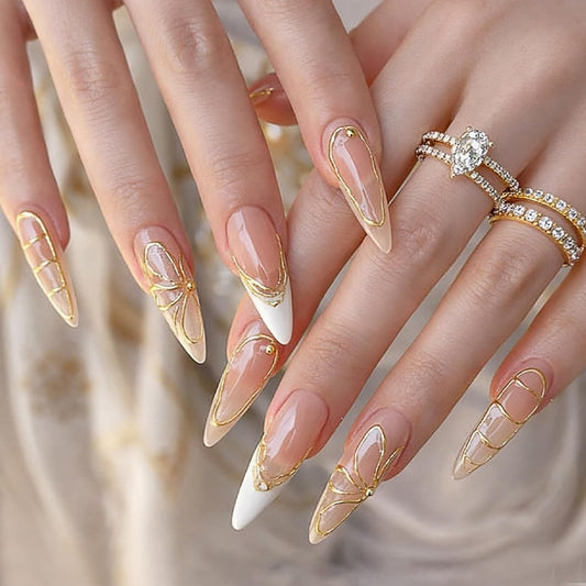 Long Stiletto Press On Nails French Tip Fake Nails 3D Gold With Flower Design Nude False Nails Acrylic Stick On Nail Cover Artificial Nail For Women Manicure 24pcs